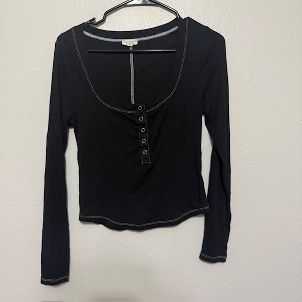 Pilcro Black Ribbed Henley Deep Scoop Neck Long Sleeve Top Y2K